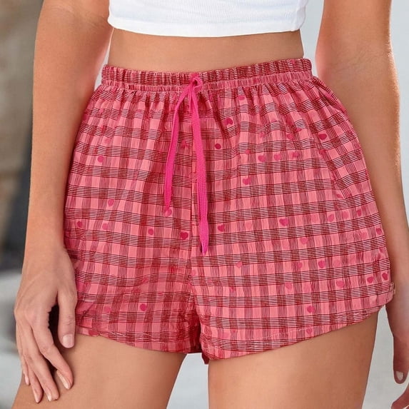 Costeam Womens Plaid Casual Home Shorts Classic Check Pattern Daily Loungewear Style Side Pockets Regular Elastic Waist Relaxed Comfy Fit Lightweight Breathable Fabric Leisure Short Bottoms