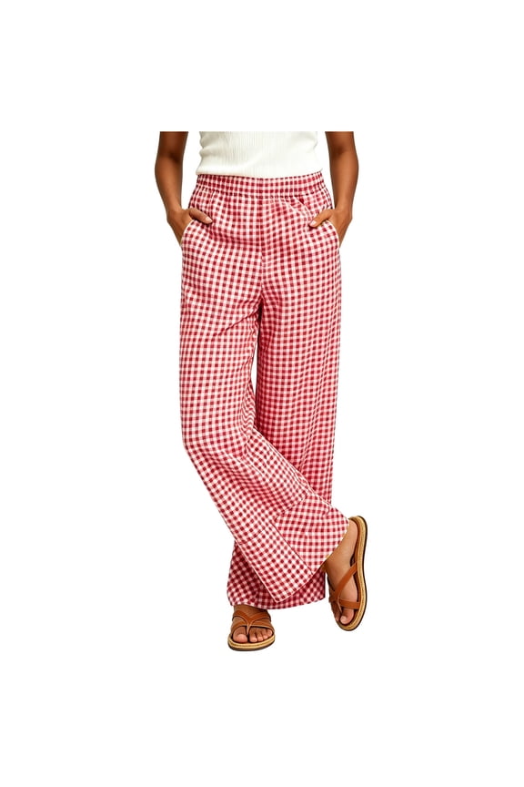 Womens Plaid Check Wide Leg Pants Loose Oversized Fit Large Patch Side Pockets Hidden Elastic High Waist Lightweight Breathable Woven Fabric Full Length Casual Wide Leg Trousers