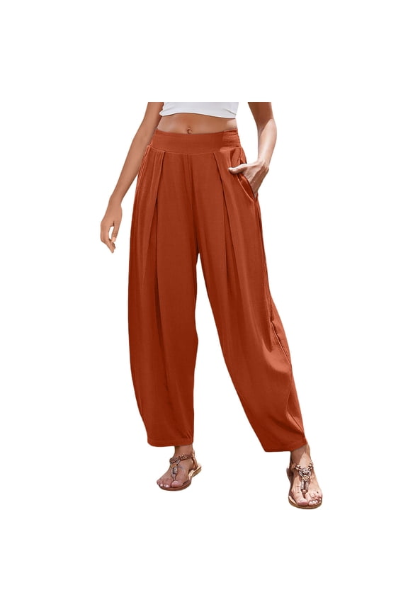 Womens Pleated Faux Linen Harem Pants Loose Ankle Length Side Inset Pockets Wide Elastic High Waist Solid Color Casual Pull On Tapered Culotte Trousers