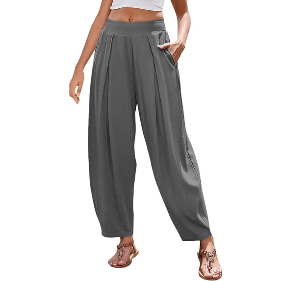 Costeam Womens Pleated Faux Linen Harem Pants Loose Ankle Length Side Inset Pockets Wide Elastic High Waist Solid Color Casual Pull On Tapered Culotte Trousers