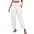 thumbnail image 1 of Costeam Womens Pleated Faux Linen Harem Pants Loose Ankle Length Side Inset Pockets Wide Elastic High Waist Solid Color Casual Pull On Tapered Culotte Trousers, 1 of 6
