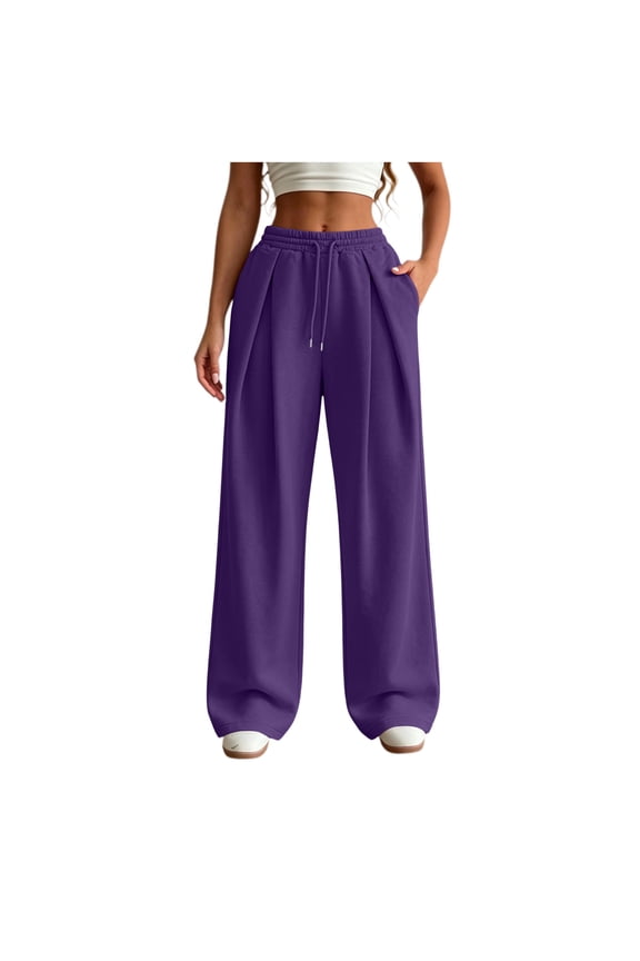 Womens Pleated Front Wide Leg Sweatpants Elastic Drawstring High Waist Side Hand Pockets Oversized Full Length Casual Lounge Palazzo Trousers