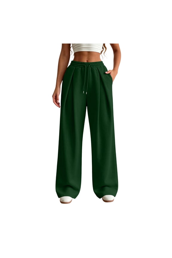 Womens Pleated Front Wide Leg Sweatpants Elastic Drawstring High Waist Side Hand Pockets Oversized Full Length Casual Lounge Palazzo Trousers