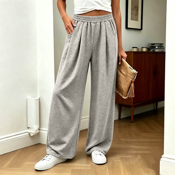 Costeam Womens Pleated Wide Leg Sweatpants Elastic Gathered Waist Side Pockets Soft Heather Knit Draped Loose Straight Solid Color Casual Everyday Trousers