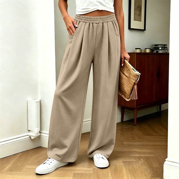 Costeam Womens Pleated Wide Leg Sweatpants Elastic Gathered Waist Side Pockets Soft Heather Knit Draped Loose Straight Solid Color Casual Everyday Trousers