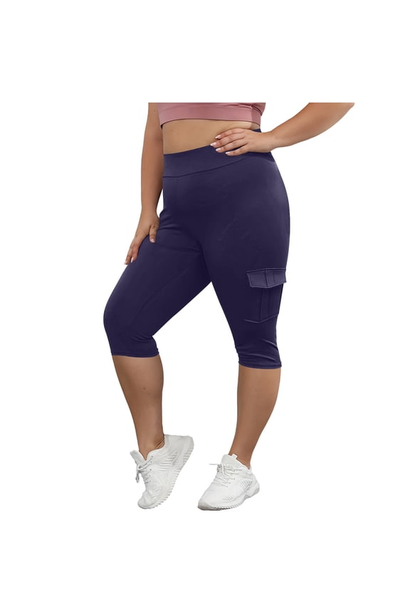 Womens Plus Size Cargo Yoga Capri Pants High Waist Butt Lifting Sculpt Fit Multi Utility Cargo Pockets 4 Way Stretch Breathable Solid Color Athletic Workout Cropped Trousers