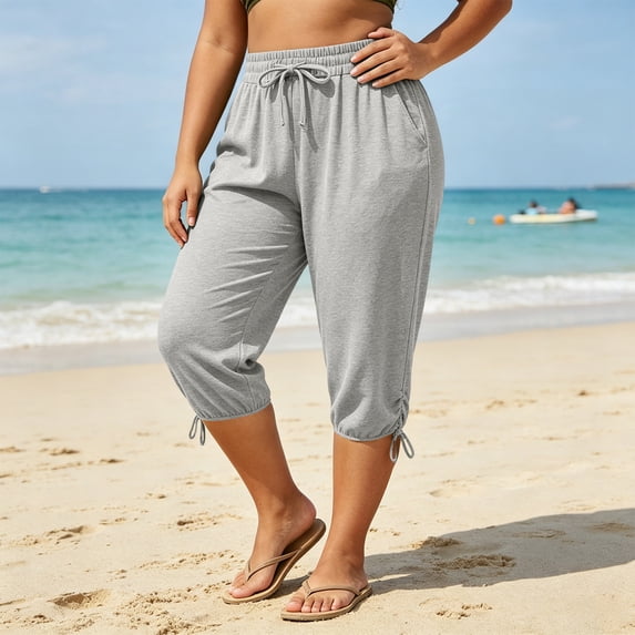 Costeam Womens Plus Size Drawstring Ankle Tie Capri Pants Dual Side Hand Pockets Elastic High Waist Soft Stretch Knit Loose Fit Casual Loungewear Cropped Trousers