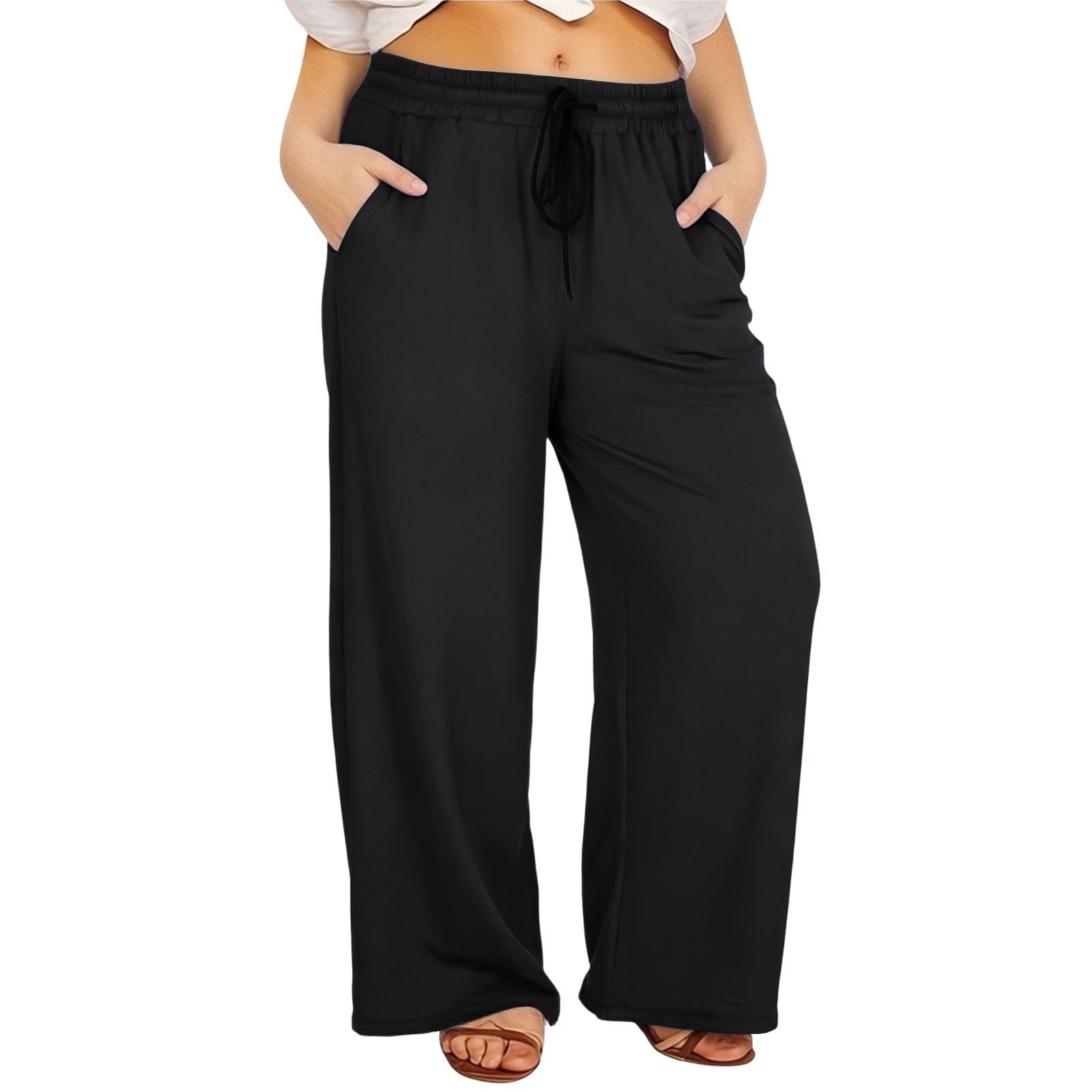 Costeam Womens Plus Size Drawstring High Waist Wide Leg Yoga Pants ...