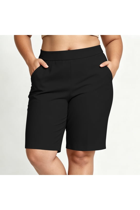 Womens Plus Size Elastic Waist Bermuda Shorts Solid Color Straight Leg Casual Knee Length Shorts with Side Pockets Lightweight Breathable Daily Wear Bottoms