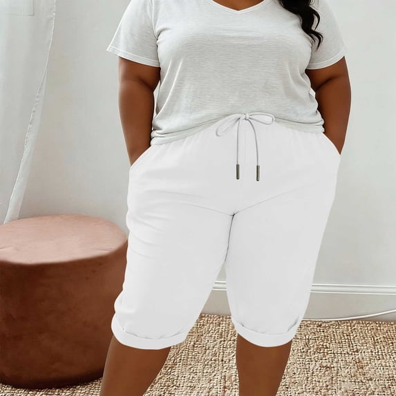 Costeam Womens Plus Size Solid Color Linen Blend Bermuda Shorts Drawstring Elastic Waist Dual Side Inset Hand Pockets Loose Fit Casual Athletic Summer Short Bottoms