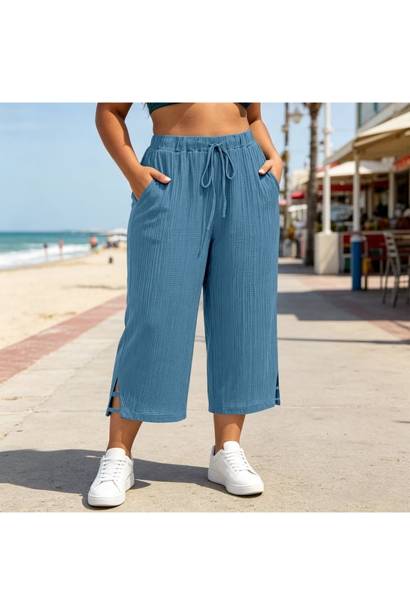 Womens Plus Size Solid Color Side Split Ankle Pants Dual Side Pockets Elastic High Waist Loose Fit Casual Ninth Length Trousers