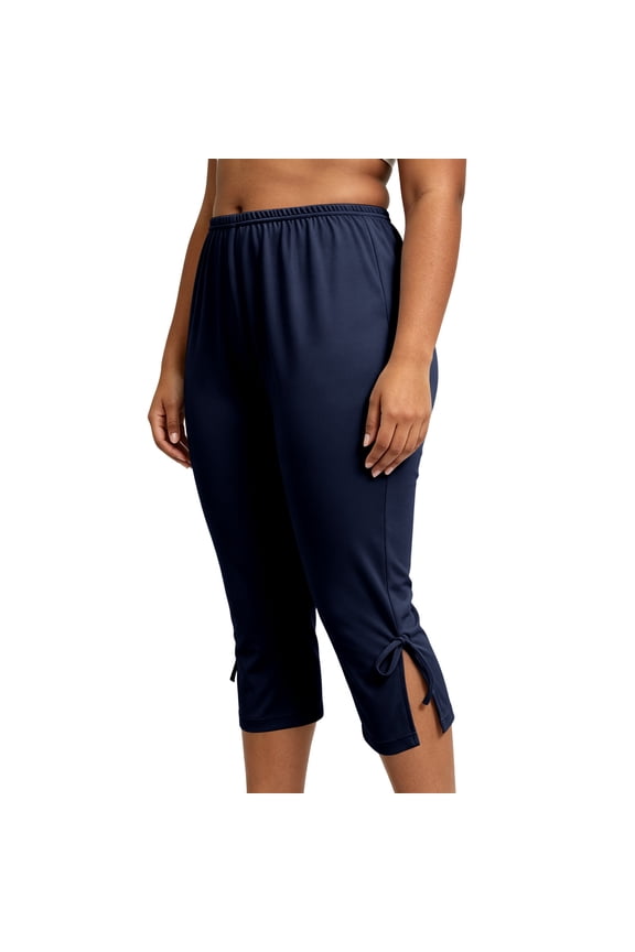 Womens Plus Size Solid Color Split Hem Capri Pants Adjustable Drawstring Side Slit Deep Side Seam Pockets Full Elastic High Waist Lightweight Breathable Cropped Casual Trousers