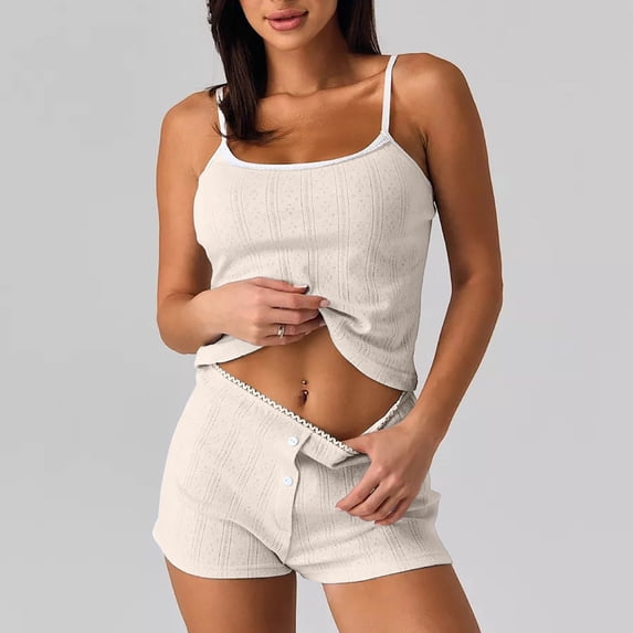 Costeam Womens Pointelle Knit 2 Piece Pajama Sets Contrast Lace Trim Cami Top Elastic Waist Button Fly Shorts No Pockets Soft Breathable Casual Sleepwear Loungewear Outfit
