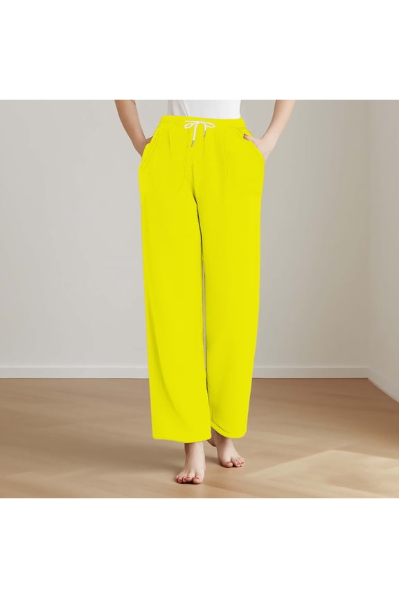 Womens Polar Fleece Straight Leg Pants Side Hand Pockets Adjustable Drawstring Elastic High Waist Solid Color Casual Loungewear Trousers
