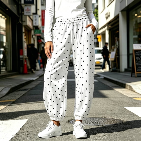 Costeam Womens Polka Dot Curved Barrel Jogger Sweatpants Dual Side Slip Pockets Drawstring Elastic High Waist Soft Knit Rib Cuff Ankle Loose Relaxed Full Length Athletic Lounge Long Trousers