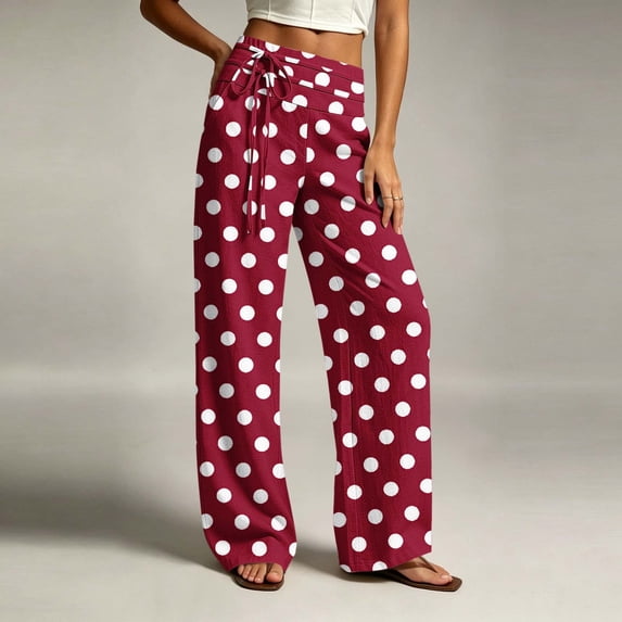 Costeam Womens Polka Dot Print Casual Pants Decorative Side Tie Detail Dual Side Hand Pockets Elastic High Waist Straight Leg Loose Fit Soft Lightweight Long Trousers