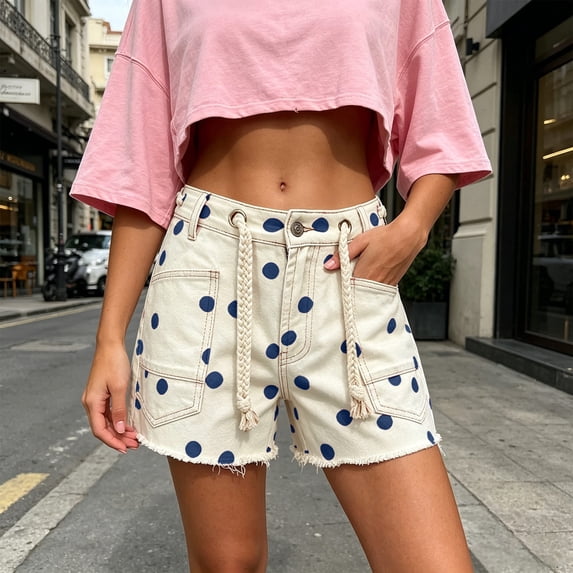Costeam Womens Polka Dot Print Denim Shorts Braided Drawstring Dual Large Patch Pockets Frayed Raw Hem Button Zipper Fly High Waist Casual Summer Bottoms