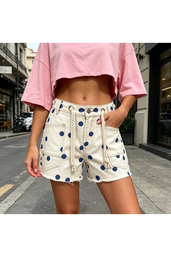 Womens Polka Dot Print Denim Shorts Braided Drawstring Dual Large Patch Pockets Frayed Raw Hem Button Zipper Fly High Waist Casual Summer Bottoms