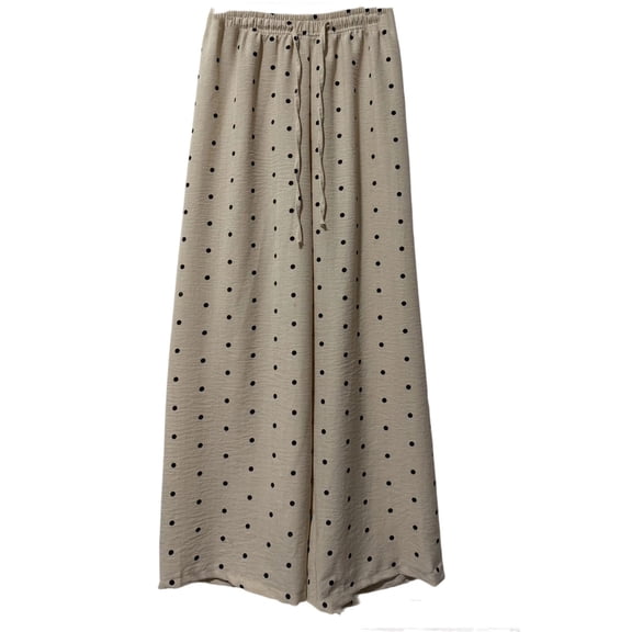 Costeam Womens Polka Dot Wide Leg Pants Drawstring Elastic High Waist Lightweight Crinkle Woven Dual Side Pockets Solid Base Casual Vacation Trousers
