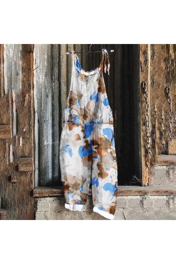 Womens Printed Sleeveless Jumpsuit Dual Front Hand Pockets Adjustable Shoulder Straps Loose Fit Casual Overall One Piece Long Trousers