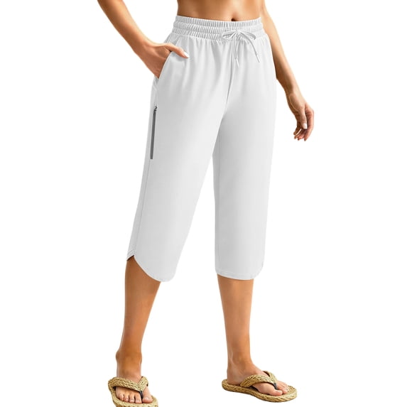 Costeam Womens Quick Dry Capri Pants Drawstring Elastic Waist with Zipper Side Pockets Curved Hem Lightweight Breathable Casual Workout Cropped Trousers