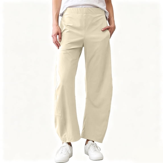 Costeam Womens Quick Dry Curved Barrel Casual Pants Dual Side Deep Hand Pockets Drawstring Elastic High Waist Loose Fit Cropped Length Athletic Harem Trousers