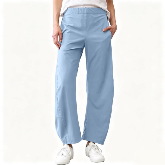 Costeam Womens Quick Dry Curved Barrel Casual Pants Dual Side Deep Hand Pockets Drawstring Elastic High Waist Loose Fit Cropped Length Athletic Harem Trousers