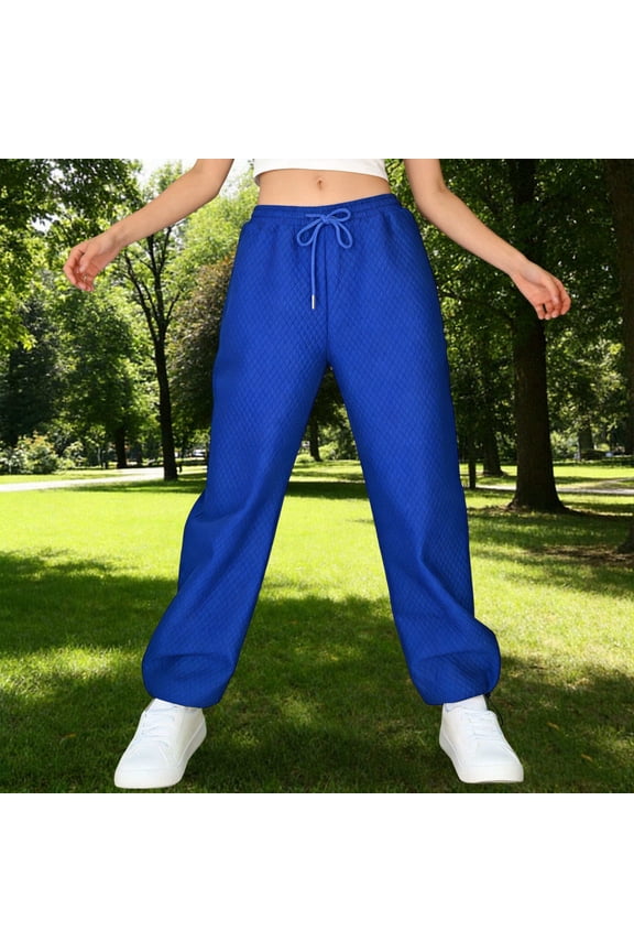 Womens Quilted Wide Leg Sweatpants Elastic Drawstring Waist Adjustable Drawstring Hem Side Pockets Diamond Texture Knit Solid Color Loose Fit Lounge Athletic Trousers