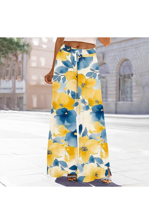 Womens Random Allover Print Wide Leg Pants Loose Flowy Fit Dual Side Hand Pockets Adjustable Drawstring Elastic High Waist Casual Relaxed Full Length Trousers