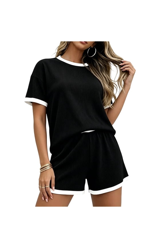 Womens Ribbed Knit Contrast 2 Piece Outfit Short Sleeve Tee and Casual Shorts Soft Stretch Fabric Side Pockets Elastic Waist Loose Fit Daily Matching Loungewear