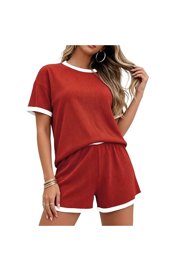 Womens Ribbed Knit Contrast 2 Piece Outfit Short Sleeve Tee and Casual Shorts Soft Stretch Fabric Side Pockets Elastic Waist Loose Fit Daily Matching Loungewear