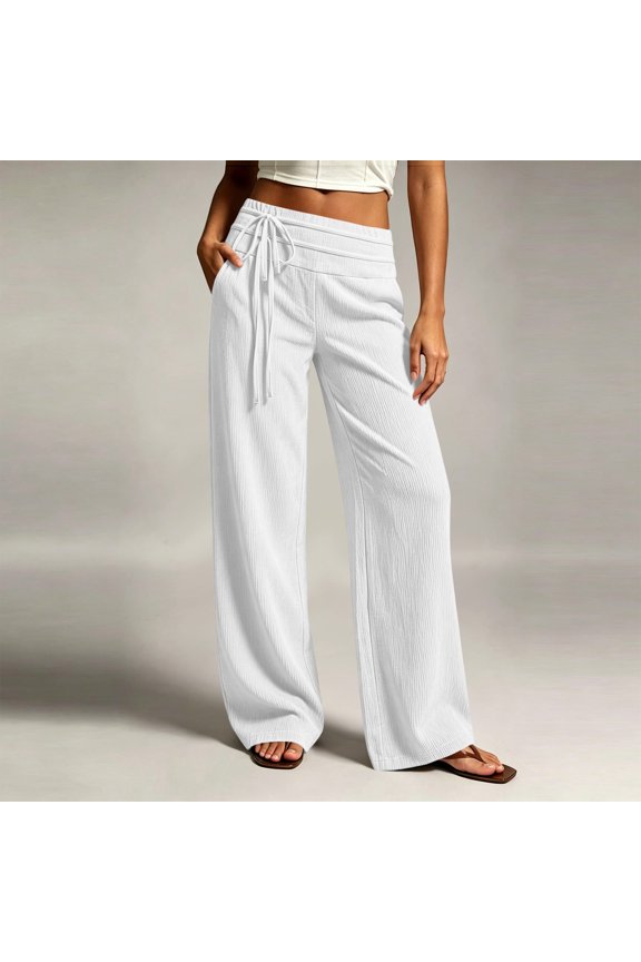 Womens Ribbed Knit Wide Leg Pants Double Layer Drawstring High Waist Dual Side Hand Pockets Solid Color Stretch Casual Flowy Daily Trousers