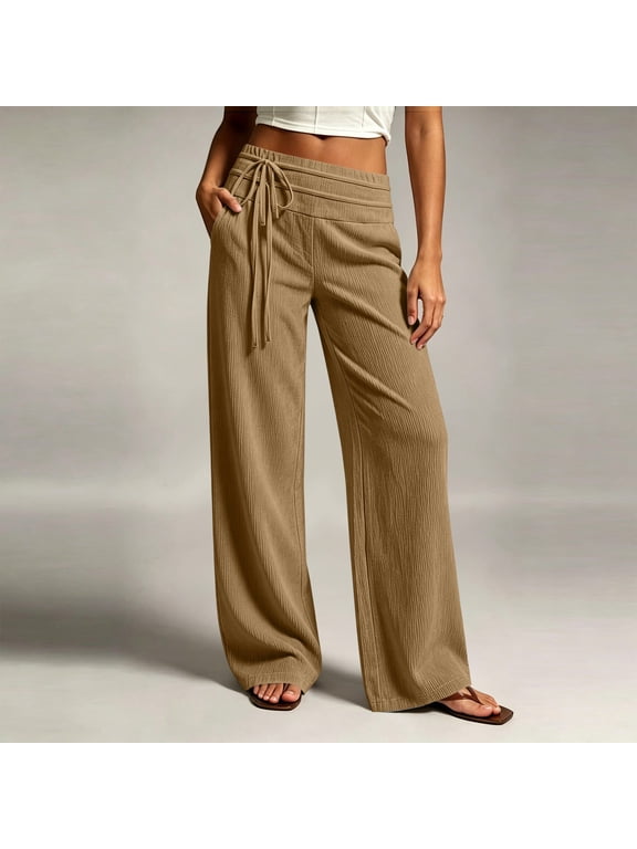 Womens Ribbed Knit Wide Leg Pants Double Layer Drawstring High Waist Dual Side Hand Pockets Solid Color Stretch Casual Flowy Daily Trousers