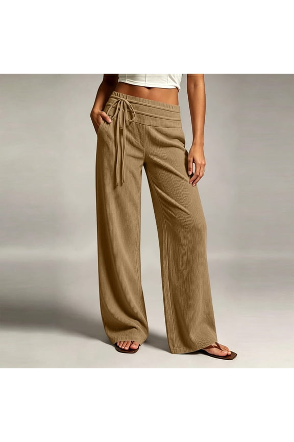 Womens Ribbed Knit Wide Leg Pants Double Layer Drawstring High Waist Dual Side Hand Pockets Solid Color Stretch Casual Flowy Daily Trousers