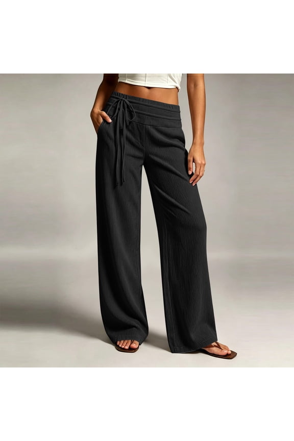 Womens Ribbed Knit Wide Leg Pants Double Layer Drawstring High Waist Dual Side Hand Pockets Solid Color Stretch Casual Flowy Daily Trousers