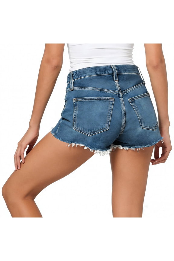 Womens Ripped Distressed Denim Shorts Frayed Tassel Raw Hem Dual Side Patch Pockets Button Zip Fly Mid Rise Slim Fit Spring Summer Casual Jean Short Bottoms