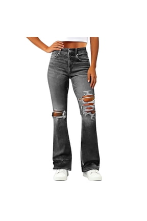 Womens Ripped Distressed Flared Denim Pants High Stretch Skinny Fit Raw Hem with Side Pockets Casual Full Length Jeans