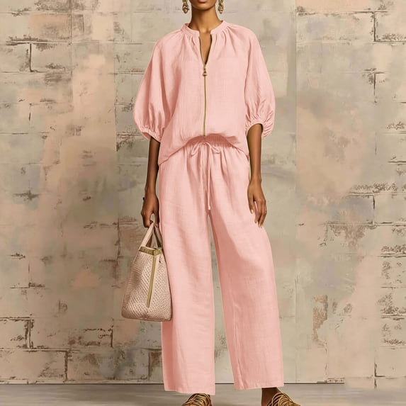 Costeam Womens Round Neck Linen Blend Two Piece Set Half Zip Top and Wide Leg Pants Elastic Waist Loose Fit Breathable Casual Matching Outfit