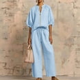 thumbnail image 1 of Costeam Womens Round Neck Linen Blend Two Piece Set Half Zip Top and Wide Leg Pants Elastic Waist Loose Fit Breathable Casual Matching Outfit, 1 of 7