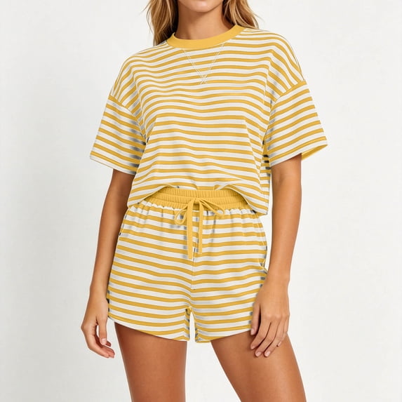 Costeam Womens Round Neck Print Pullover Two Piece Set Short Sleeve Top and Elastic Waist Shorts Casual Everyday Style Side Pockets Relaxed Loose Fit Lightweight Breathable Fabric Outfit