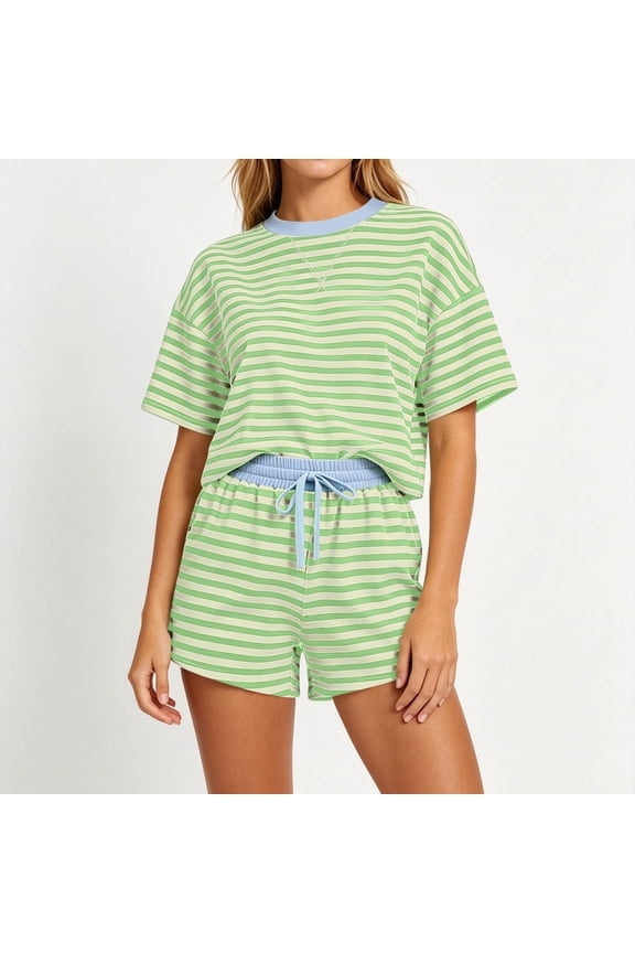 Womens Round Neck Print Pullover Two Piece Set Short Sleeve Top and Elastic Waist Shorts Casual Everyday Style Side Pockets Relaxed Loose Fit Lightweight Breathable Fabric Outfit