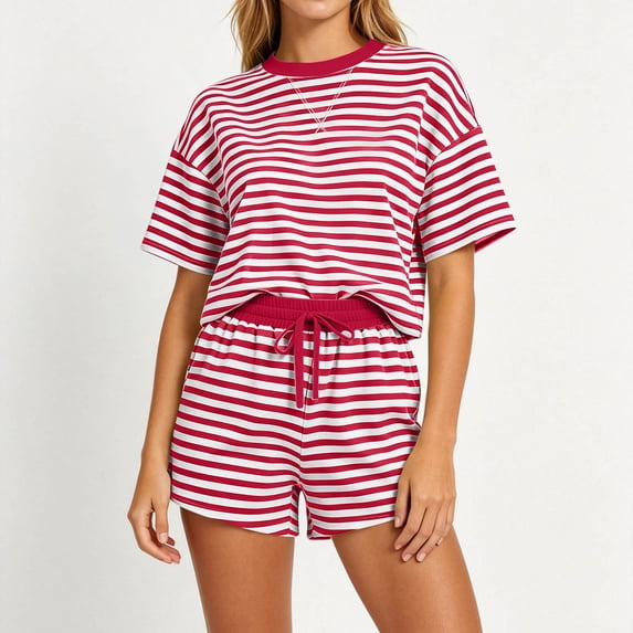 Costeam Womens Round Neck Print Pullover Two Piece Set Short Sleeve Top and Elastic Waist Shorts Casual Everyday Style Side Pockets Relaxed Loose Fit Lightweight Breathable Fabric Outfit
