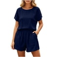 thumbnail image 1 of Costeam Womens Round Neck Short Sleeve 2 Piece Crinkled Textured Matching Outfit Set Elastic Waist Pull On Shorts with Side Pockets Solid Color Loose Fit Casual Loungewear Suit, 1 of 6