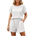 thumbnail image 1 of Costeam Womens Round Neck Short Sleeve 2 Piece Crinkled Textured Matching Outfit Set Elastic Waist Pull On Shorts with Side Pockets Solid Color Loose Fit Casual Loungewear Suit, 1 of 6