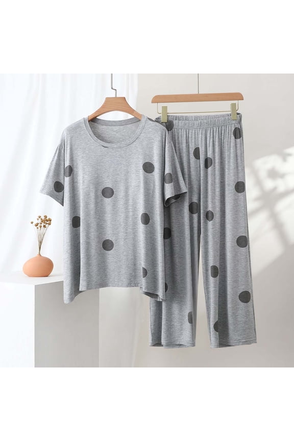 Womens Round Neck Short Sleeve Printed Two Piece Set Casual Comfy Style Lightweight Fabric Side Pockets Elastic Waist Relaxed Loose Fit Daily Home Leisure Outfit