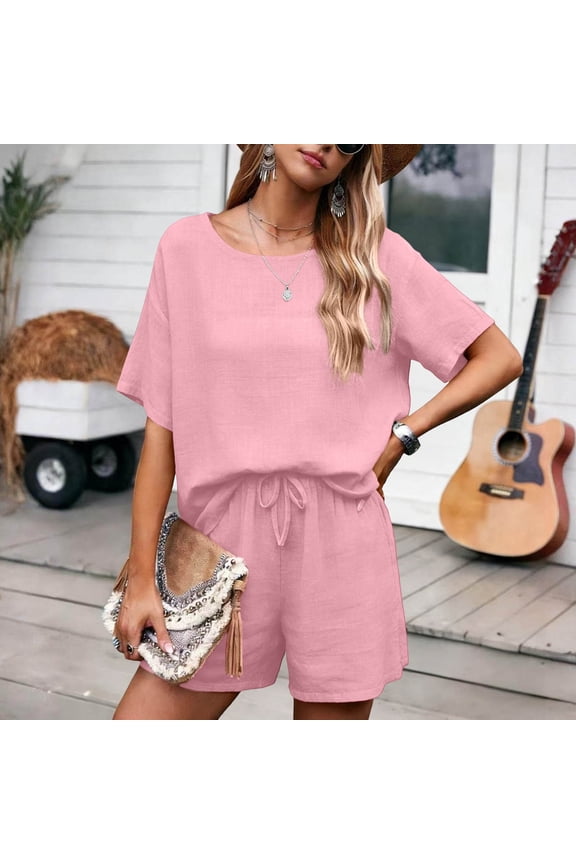 Womens Round Neck Two Piece Casual Set Solid Short Sleeve Top and Loose Fit Shorts Soft Breathable Plain Fabric Side Pockets Elastic Waist Basic Daily Loungewear Matching Outfit