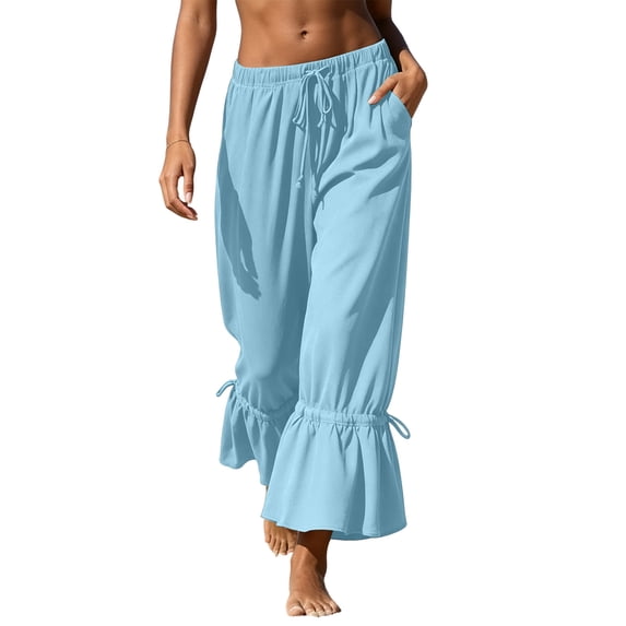 Costeam Womens Ruffle Cuff Jogger Ankle Pants Loose Casual Fit Deep Side Pockets Adjustable Drawstring Elastic Waist Soft Flow Fabric Solid Color Cropped Full Length Trousers