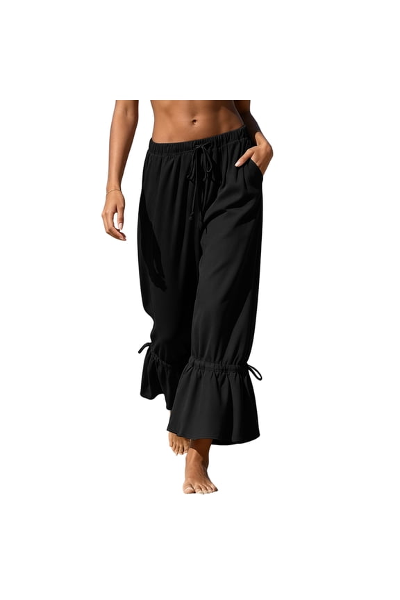 Womens Ruffle Cuff Jogger Ankle Pants Loose Casual Fit Deep Side Pockets Adjustable Drawstring Elastic Waist Soft Flow Fabric Solid Color Cropped Full Length Trousers