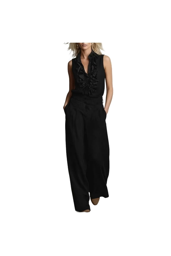 Womens Ruffled V Neck Sleeveless Two Piece Set Solid Color Loose Wide Leg Pants Casual Daily Style Side Pockets Elastic Waist Relaxed Fit Lightweight Breathable Fabric Leisure Outfit