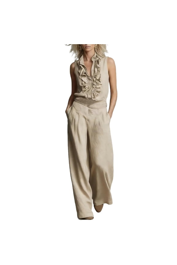 Womens Ruffled V Neck Sleeveless Two Piece Set Solid Color Loose Wide Leg Pants Casual Daily Style Side Pockets Elastic Waist Relaxed Fit Lightweight Breathable Fabric Leisure Outfit